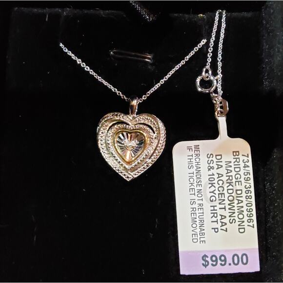 DIAMOND ACCENT HEART NECKLACE TWO-TONE SS & 10K YELLOW GOLD PENDANT 18" CHAIN - Picture 6 of 6